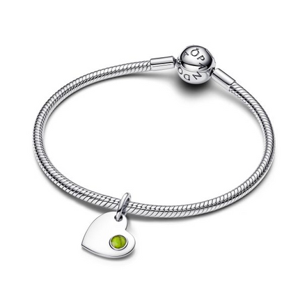 Pandora Moments Siver August Engravable Heart Spring Green Stone Dangle Charm