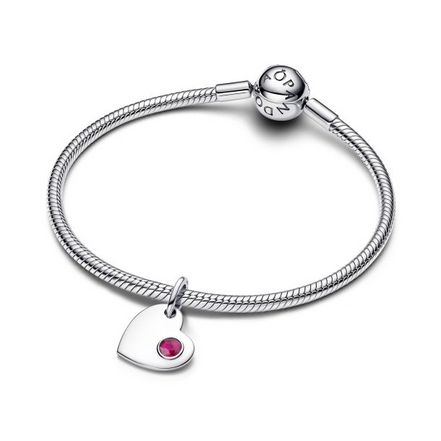 Pandora Moments Silver July Engravable Heart True Red Stone Dangle Charm