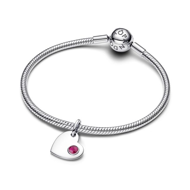 Pandora Moments Silver July Engravable Heart True Red Stone Dangle Charm