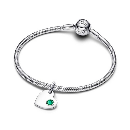 Pandora Moments Silver May Engravable Heart Green Stone Dangle Charm