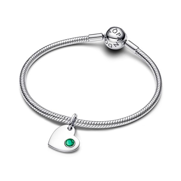 Pandora Moments Silver May Engravable Heart Green Stone Dangle Charm