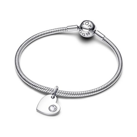 Pandora Moments Silver April Engravable Heart Clear Stone Dangle Charm