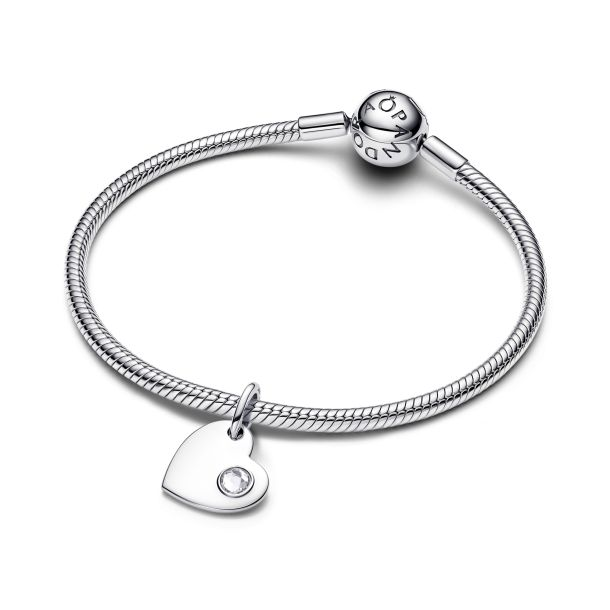 Pandora Moments Silver April Engravable Heart Clear Stone Dangle Charm