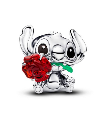 Pandora X Disney Silver Stitch And Red Rose Murano Glass Charm