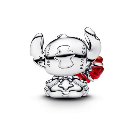 Pandora X Disney Silver Stitch And Red Rose Murano Glass Charm