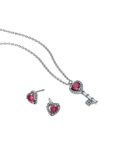 Pandora Timeless Silver Elevated Red Heart And Key Jewelry Gift Set