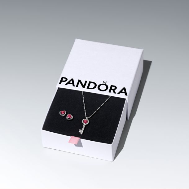 Pandora Timeless Silver Elevated Red Heart And Key Jewelry Gift Set