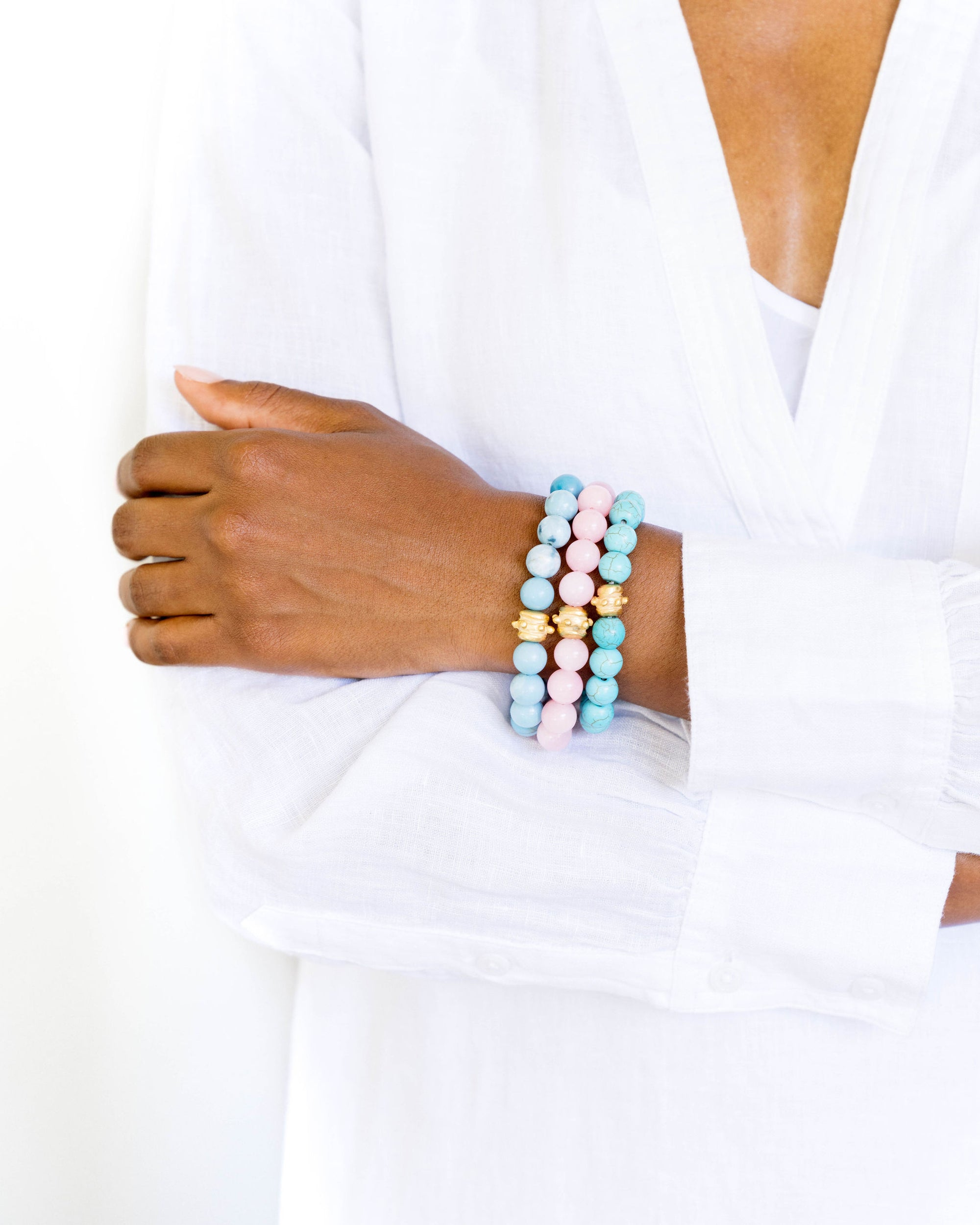 Susan Shaw 24K Gold Triple Plated Pink Jade Bailey Stretch Bracelet