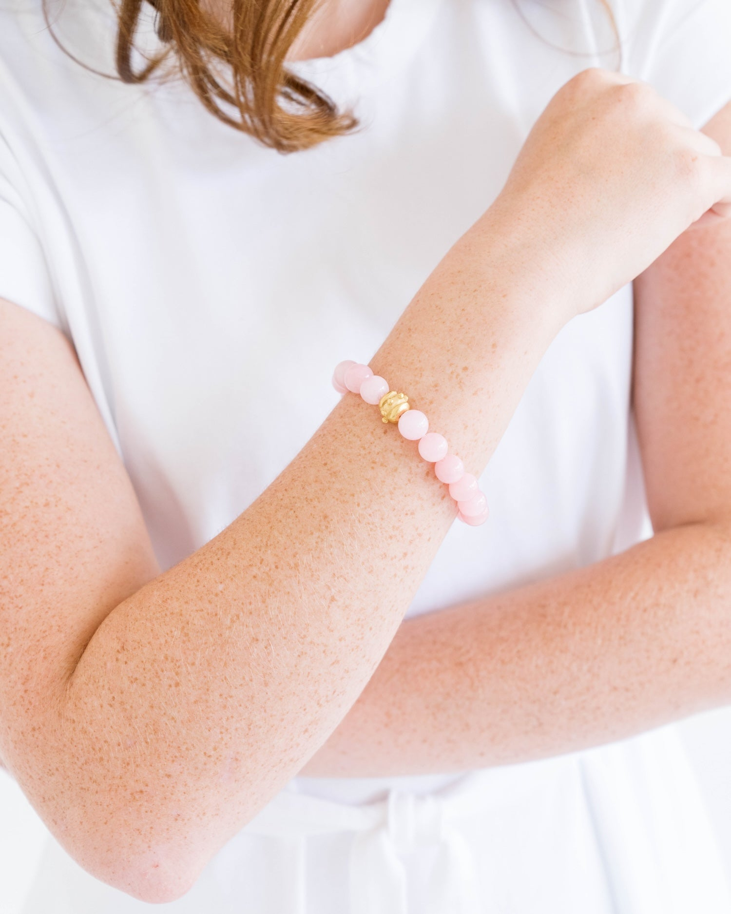Susan Shaw 24K Gold Triple Plated Pink Jade Bailey Stretch Bracelet