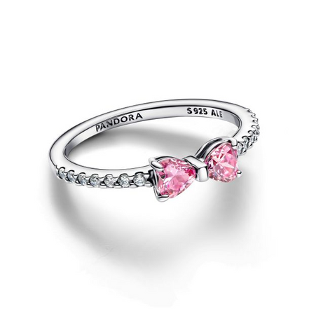 Pandora Moments Silver Sparkling Pink Bow Ring Size 4.5