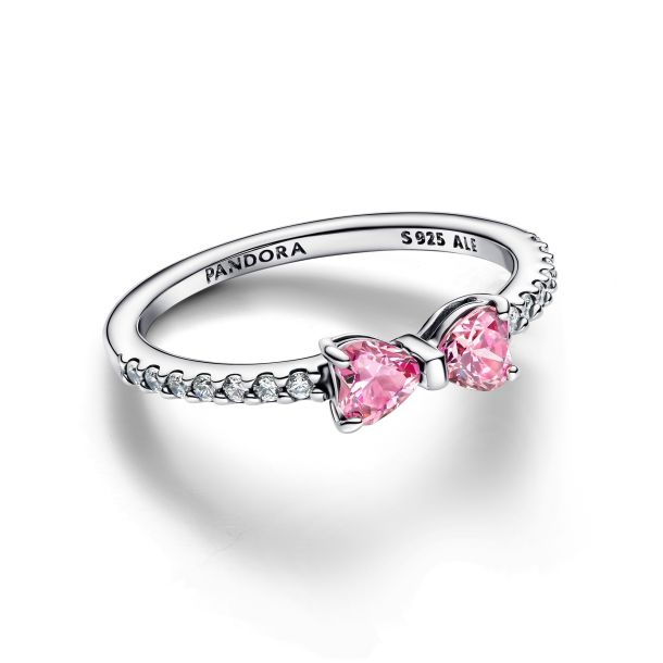 Pandora Moments Silver Sparkling Pink Bow Ring Size 4.5