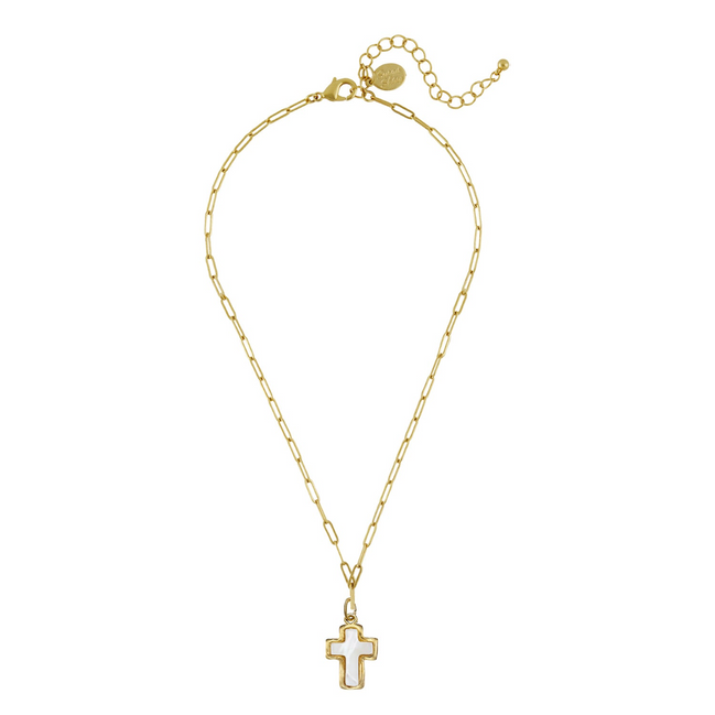 Susan Shaw 24K Gold-Plated Small Mother of Pearl Cross Paperclip Necklace