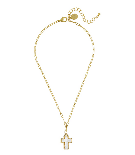 Susan Shaw 24K Gold-Plated Small Mother of Pearl Cross Paperclip Necklace