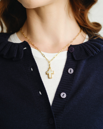 Susan Shaw 24K Gold-Plated Small Mother of Pearl Cross Paperclip Necklace