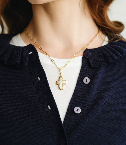 Susan Shaw 24K Gold-Plated Small Mother of Pearl Cross Paperclip Necklace
