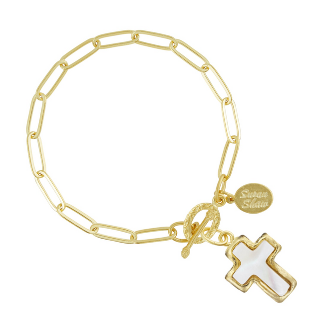 Susan Shaw 24K Gold-Plated Small Mother of Pearl Cross Paperclip Bracelet