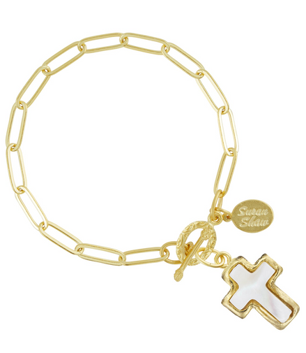 Susan Shaw 24K Gold-Plated Small Mother of Pearl Cross Paperclip Bracelet