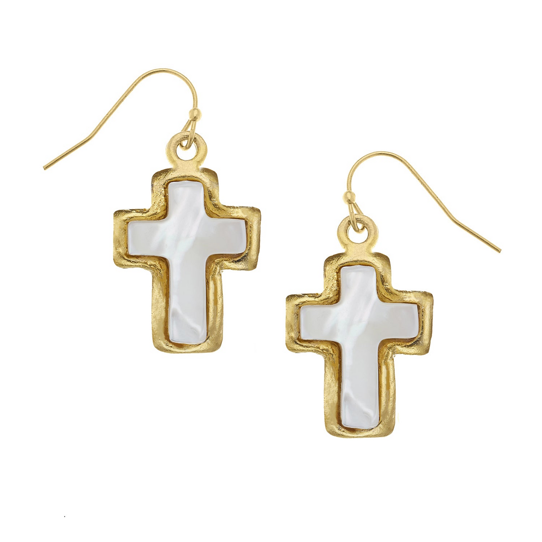 Susan Shaw 24K Gold-Plated Small Mother of Pearl Cross Dangle Earrings
