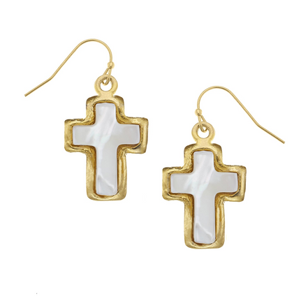 Susan Shaw 24K Gold-Plated Small Mother of Pearl Cross Dangle Earrings