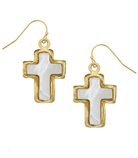 Susan Shaw 24K Gold-Plated Small Mother of Pearl Cross Dangle Earrings