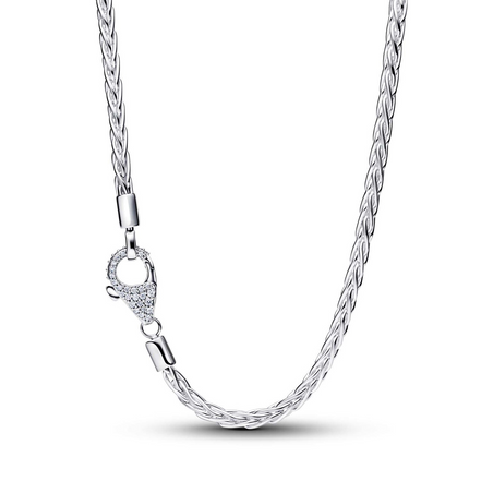 Pandora Timeless Silver Pavé Clasp Foxtail Chain Charm Necklace 45CM