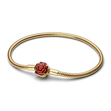 Pandora X Disney 14K Gold-Plated Beauty and the Beast Enchanted Rose Clasp Snake Chain Bracelet Size 19