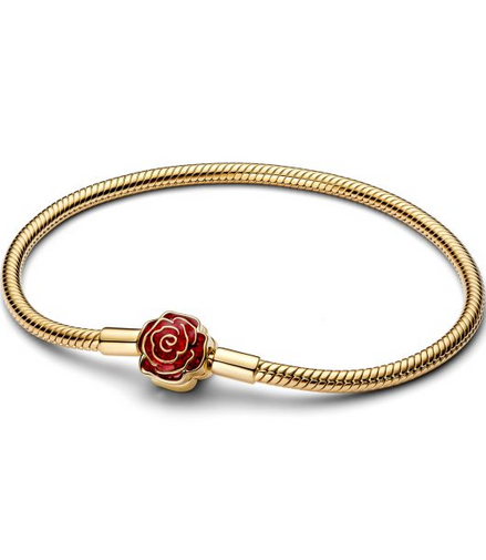 Pandora X Disney 14K Gold-Plated Beauty and the Beast Enchanted Rose Clasp Snake Chain Bracelet Size 19