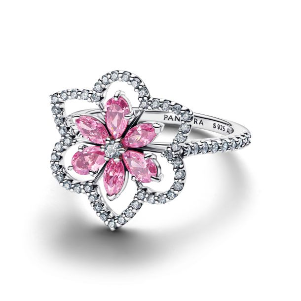 Pandora Timeless Sikver Double Flower Pink Cocktail Ring Size 6