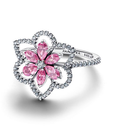Pandora Timeless Sikver Double Flower Pink Cocktail Ring Size 6