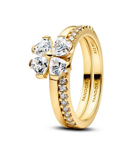 Pandora Timeless 14K Gold-Plated Sparkling Clover Splittable Rings Size 7