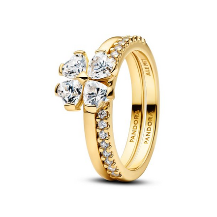 Pandora Timeless 14K Gold-Plated Sparkling Clover Splittable Rings Size 7