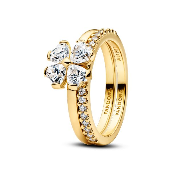 Pandora Timeless 14K Gold-Plated Sparkling Clover Splittable Rings Size 7