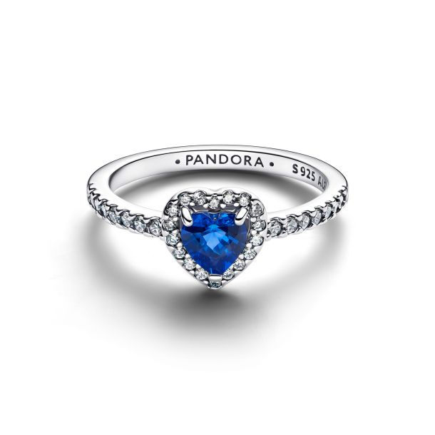 Pandora Timeless Silver Elevated Princess Blue Heart Ring Size 7.5