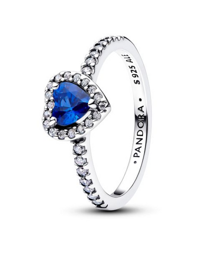 Pandora Timeless Silver Elevated Princess Blue Heart Ring Size 7