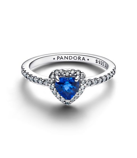 Pandora Timeless Silver Elevated Princess Blue Heart Ring Size 7