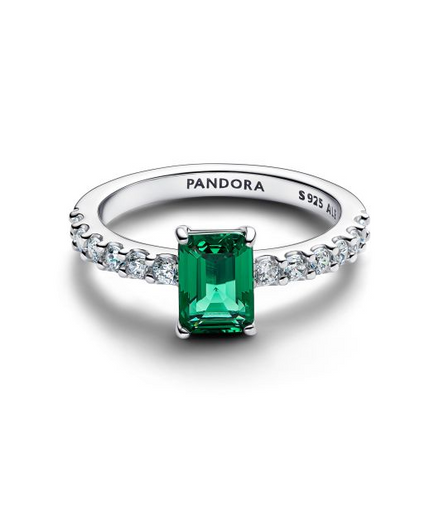 Pandora Timeless Silver Rectangular Sparkling Green Halo Ring Size 6