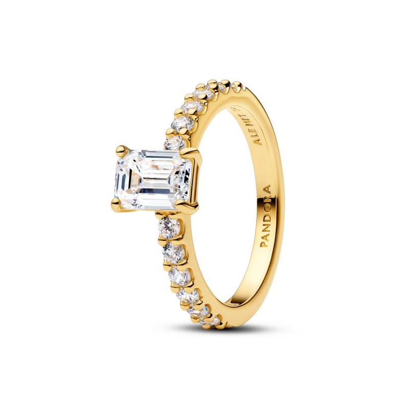 Pandora Timeless 14K Gold-Plated Rectangular Sparkling Halo Ring Size 7.5