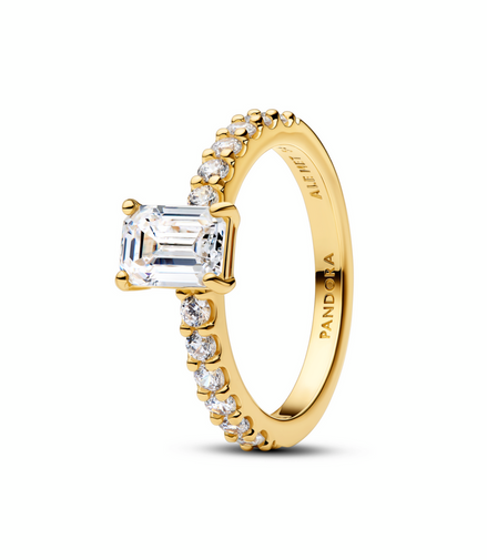 Pandora Timeless 14K Gold-Plated Rectangular Sparkling Halo Ring Size 7.5