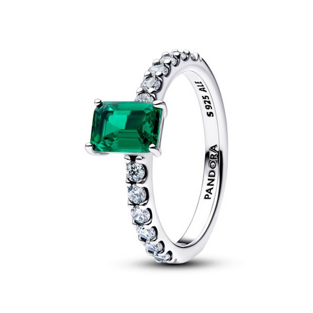 Pandora Timeless Silver Rectangular Sparkling Green Halo Ring Size 7.5