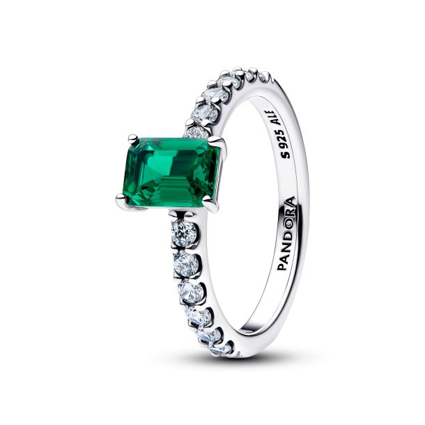 Pandora Timeless Silver Rectangular Sparkling Green Halo Ring Size 7.5