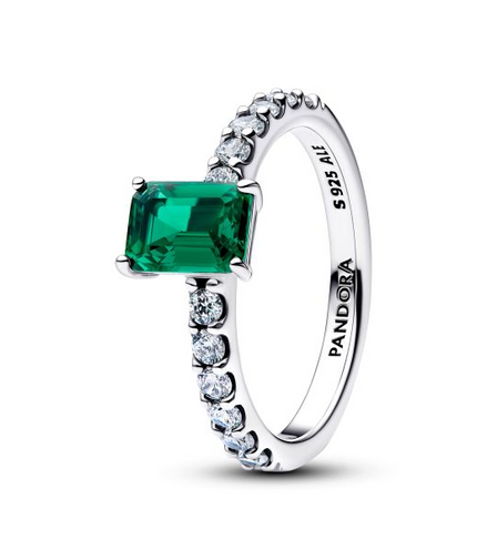 Pandora Timeless Silver Rectangular Sparkling Green Halo Ring Size 7.5
