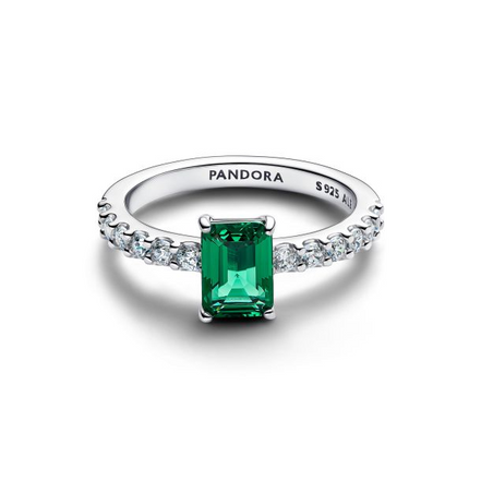 Pandora Timeless Silver Rectangular Sparkling Green Halo Ring Size 7.5