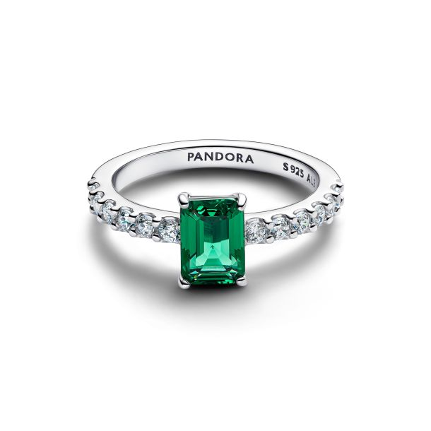 Pandora Timeless Silver Rectangular Sparkling Green Halo Ring Size 7.5
