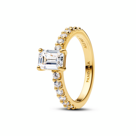 Pandora Timeless 14K Gold-Plated Rectaangular Sparkling Halo Ring Size 7