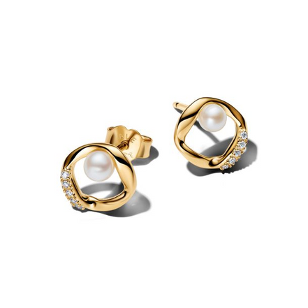 Pandora Essence Organically Shaped Pavé Circle & Treated Freshwater Cultured Pearl Gold-Plated Stud Earrings