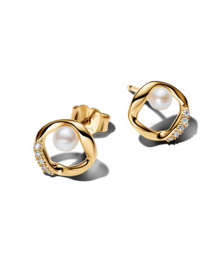 Pandora Essence Organically Shaped Pavé Circle & Treated Freshwater Cultured Pearl Gold-Plated Stud Earrings