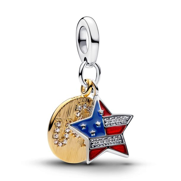 Pandora Two-Tone USA Flag Star Double Dangle Charm