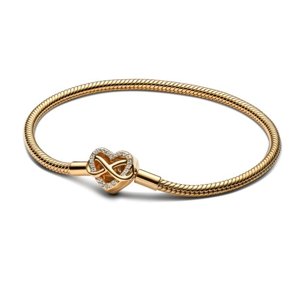 Pandora Moments 14K Gold-Plated parkling Infinity Heart Clasp Snake Chain Bracelet Size 16
