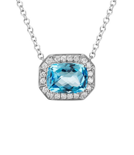 14K White Gold, Swiss Blue Topaz and Diamond Pendant Necklace