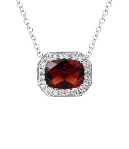 14K White Gold. Garnet, and Diamond Pendant Necklace
